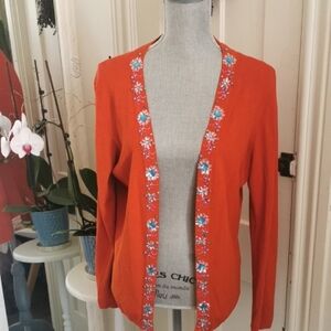 Vintage Valenti embelishment open cardigan. Orange, sequins, beading. Size large
